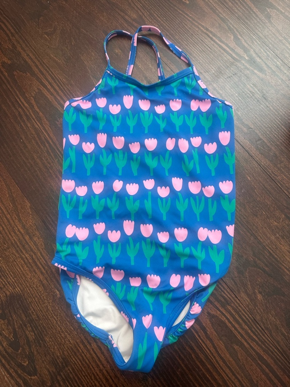 Hanna Andersson Blue One-Piece Swimsuit with Pink & Green Tulip Print